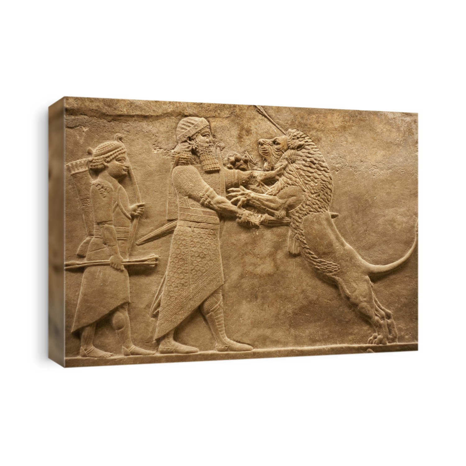 Old relief representing an assyrian warrior hunting lions